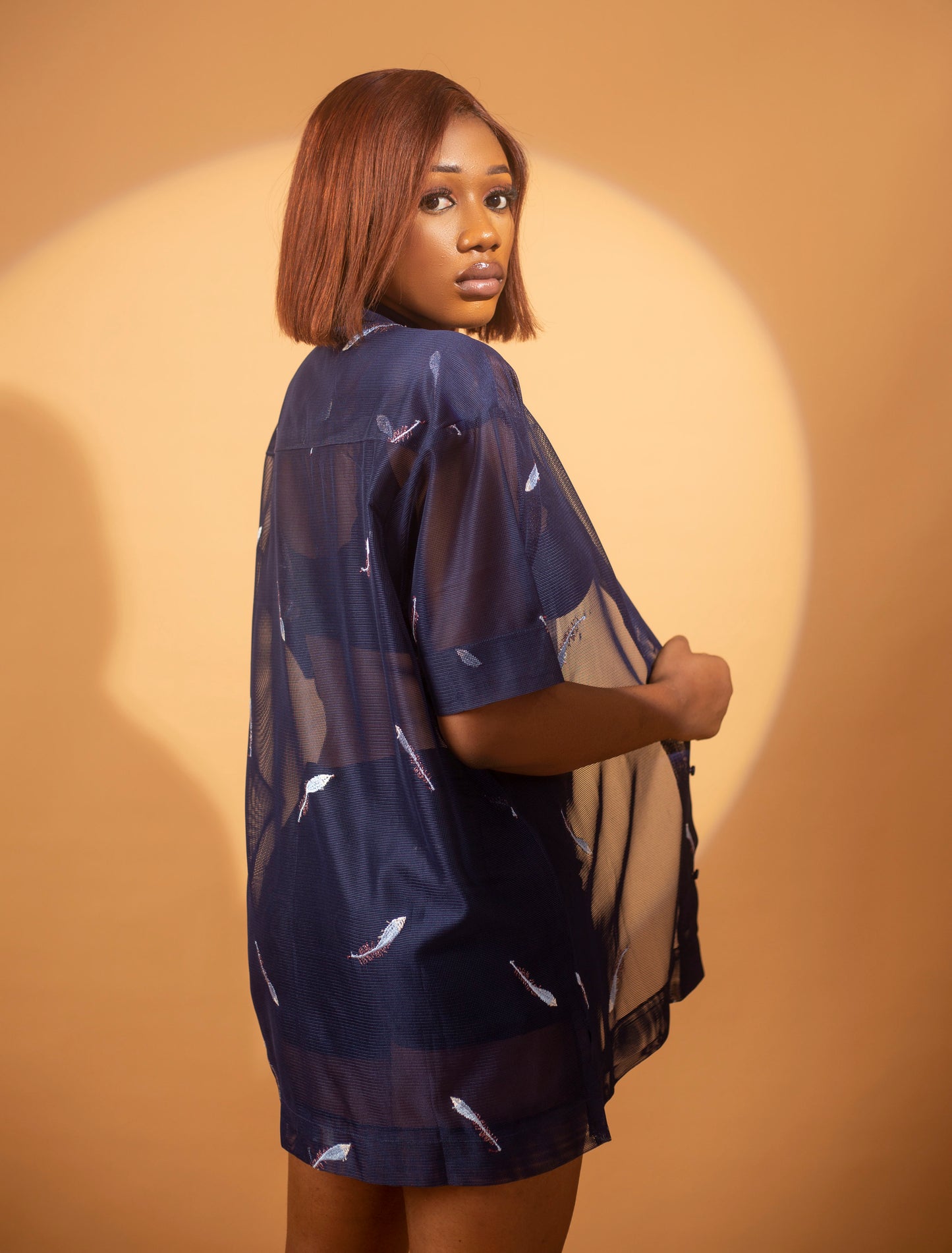 Women's Sheer See Through Short Sleeve Mesh Top Blouse With White Feather