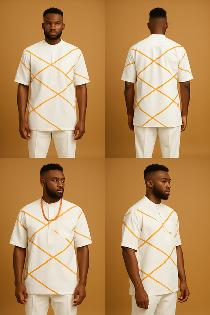 Men's Senator Native Wear (off White With Gold Mat Line Design Short Sleeve)