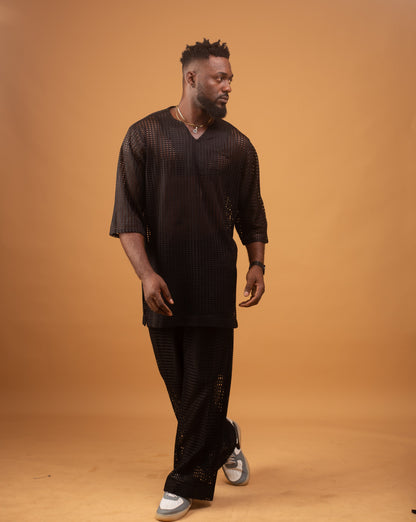 Men's Mesh Sheer Solid Short Sleeve No Collar Party Shirt With Plain Trouser