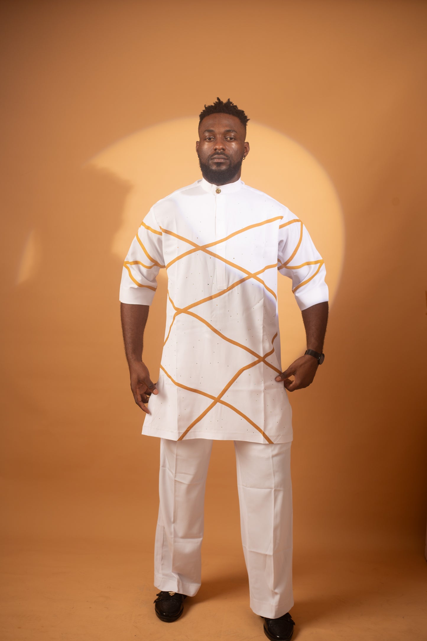 Men's Senator Native Wear (off White With Gold Mat Line Design Short Sleeve)