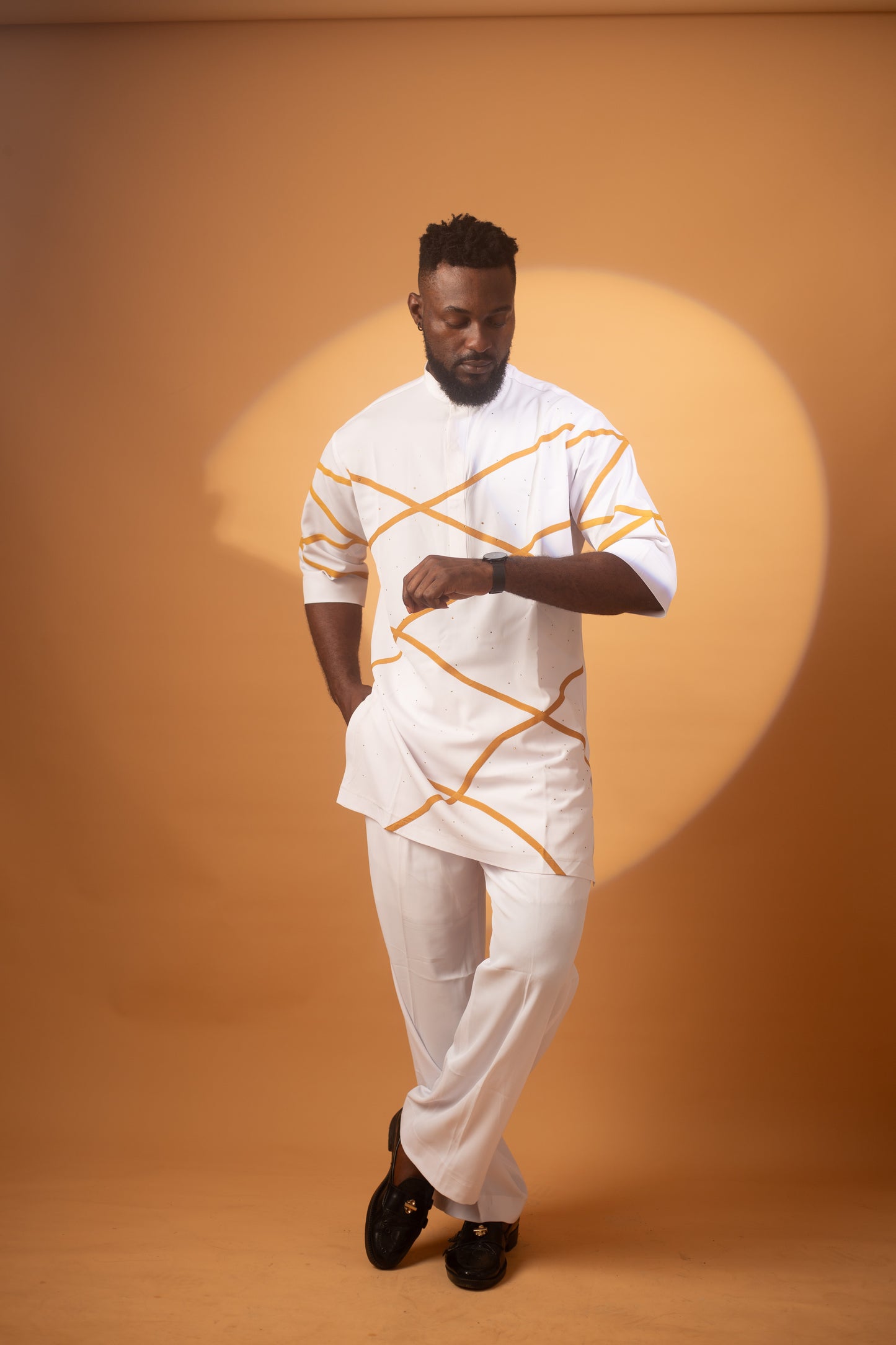 Men's Senator Native Wear (off White With Gold Mat Line Design Short Sleeve)